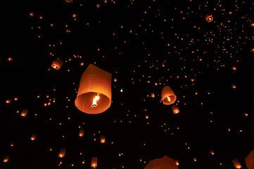 Floating lanterns take place during Thailand's Loi Krathong festival on the night of the full moon.