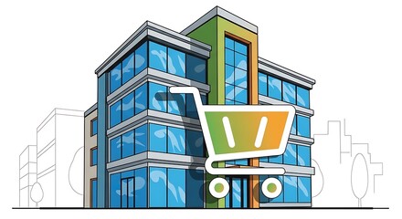 Fototapeta premium Modern Office Building with Shopping Cart Illustration.