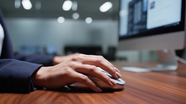 Close-up cinematic view of professional business woman hand clicking ergonomic computer mouse on modern wooden office desk workspace, high quality technology equipment and workplace productivity