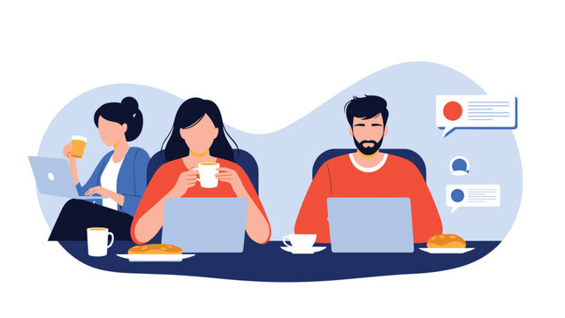 Colleagues working together in a casual office or coworking space, using laptops while enjoying coffee and a relaxed break time.