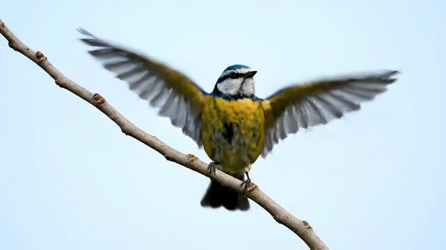 Detailed close-up of a Eurasian Blue Tit (Cyanistes caeruleus) bird perched on a bare branch, isolated against a bright light blue sky background in a wildlife setting.