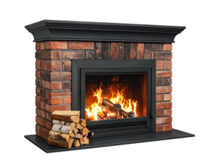 A cozy brick fireplace with a burning fire, firewood on the side, and a black frame with a dark mantel