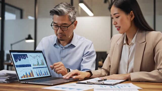 Cinematic close up of two professional Asian colleagues collaborating in a modern office, engaged in a focused business discussion during a productive meeting with creative teamwork and synergy