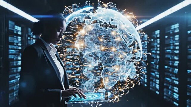 Abstract cinematic technology background featuring futuristic internet global network connection with glowing digital data link and cyber fiber communication in high definition slow motion video