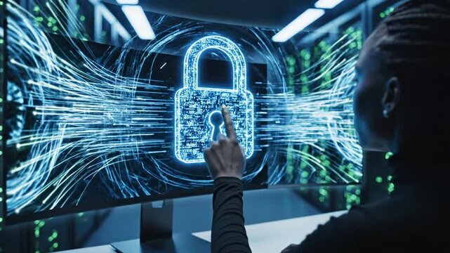 Cinematic digital display of sophisticated cyber security system protecting sensitive data with advanced firewall technology in a futuristic computer network environment for information safety.