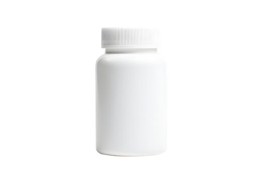 Minimalist white plastic capsule pill bottle with secure cap isolated on cut out PNG or transparent background. Medical Science. Ideal for pharmaceutical or healthcare packaging concepts.