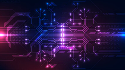 Futuristic Digital Circuit Board Background: Glowing Neon Symmetrical Processing Unit and Data Lines