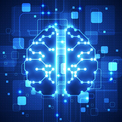 Futuristic AI Brain Concept: Digital Circuitry and Neural Network on Blue Tech Background