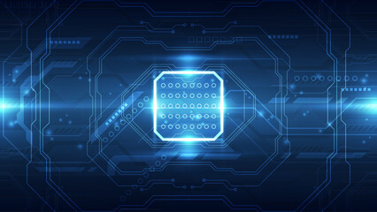 Futuristic Digital Technology Background: Glowing Core Processor and Intricate Circuit Patterns