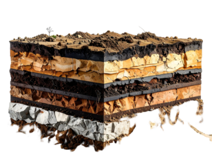 A cross-section illustrating layers of earth, revealing diverse strata with varied colors and textures
