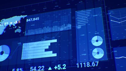 Abstract financial data charts moving on blue digital screen interface - Powered by Adobe