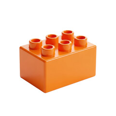 Naklejka premium Vibrant orange toy building block, smooth polished plastic, four studs, on a clean bright white background with ample copy space, soft high-key light and subtle shadows, concept of childhood