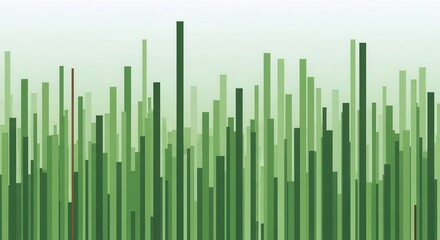Abstract composition features numerous vertical green bars against a pale background