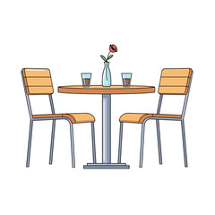 Cozy cafe table with two chairs, a vase with a rose and two glasses of coffee, isolated on white.