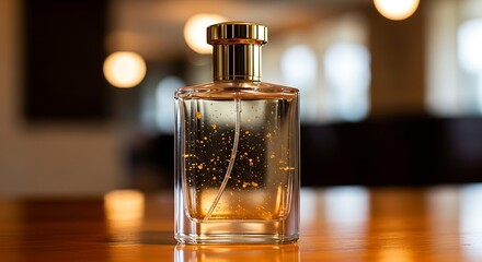 Perfume bottle on wooden table indoors.