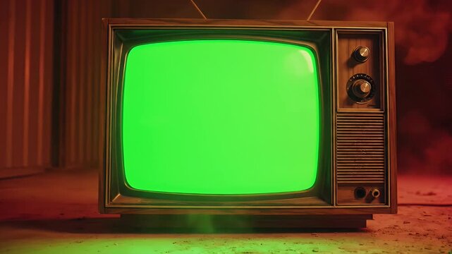 Retro Television with Green Screen in a Dark, Atmospheric Room.