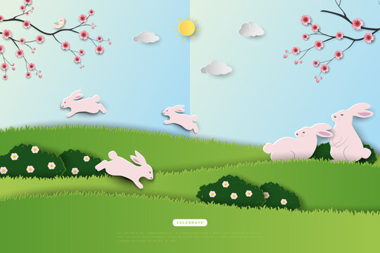 Happy Easter greeting card,celebrate theme on spring garden with rabbits family for banners,flyers,cards,social media or wallpaper