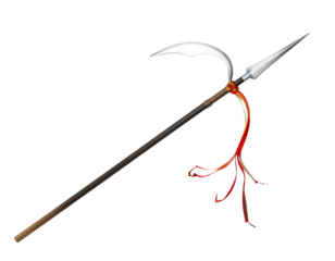 A composite weapon, a spear and sickle hybrid, features a long wooden shaft, a spearhead, and a curved blade