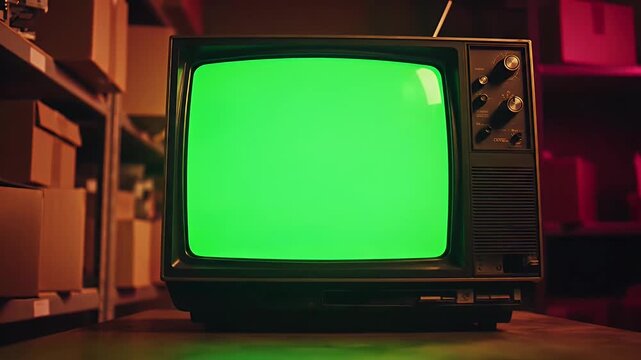 Vintage Television Set Displaying Static and Green Screen in Storage Room.
