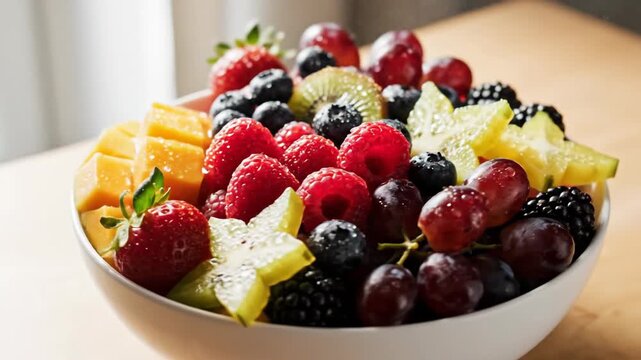 A vibrant bowl overflowing with a fresh assortment of colorful berries, grapes, kiwi slices, starfruit, and melon cubes