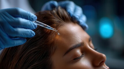 Obraz premium Woman receiving hair restoration treatment with syringe