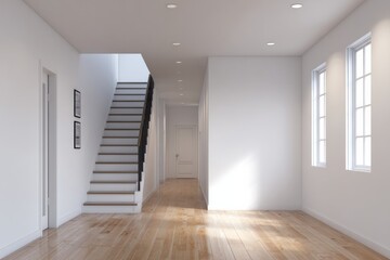 Fototapeta premium Bright modern interior hallway with wooden stairs and sunlight.