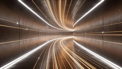 Abstract curved tunnel corridor with golden light trails flowing data lines and cinematic futuristic technology background