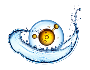 A conceptual depiction with a golden spherical molecule contained within a blue bubble, encircled by a water splash