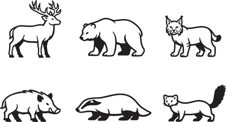 Temperate forest animals black and white line art icon set eps © VanChien