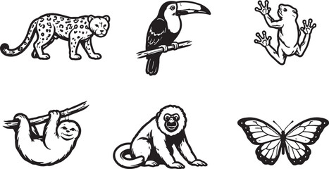 Fototapeta premium Tropical rainforest animals black and white line art icon set eps