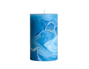 A cylindrical candle showcasing a swirling, marbled design of blues and whites, with a golden accent. The candle has a single wick