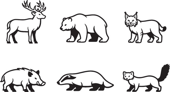 Temperate forest animals black and white line art icon set eps