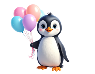 A cute cartoon penguin with rosy cheeks holds a bunch of colorful balloons against a black background