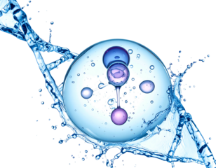 A conceptual illustration showing a molecule structure enveloped in a water splash against a black background