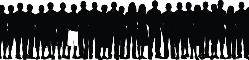 Large crowd of diverse people silhouettes standing together, human group unity concept, black vector illustration isolated on white background, for social community design
