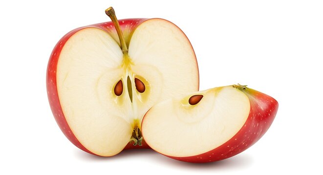 A close up shot of a sliced red apple with seeds visible, and a slice cut out, all on a white background