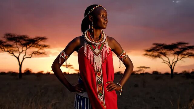 Maasai Woman in Traditional Attire Standing in African Savanna at Sunset.