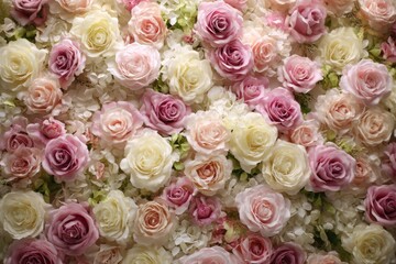Obraz premium Close-up of wall of soft roses in hues of pink, cream and purple