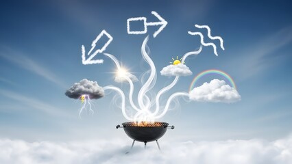 Fototapeta premium Creative concept of a barbecue grill with smoke forming weather forecast symbols, sun, rain, and lightning in a blue sky