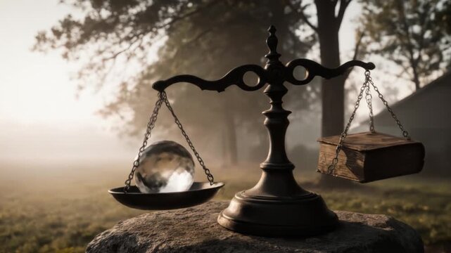 Conceptual equilibrium: knowledge versus world values on scales in dreamy nature background