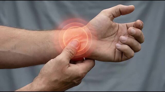 Adult Man Holding His Wrist with Highlighted Pain On Gray Background
