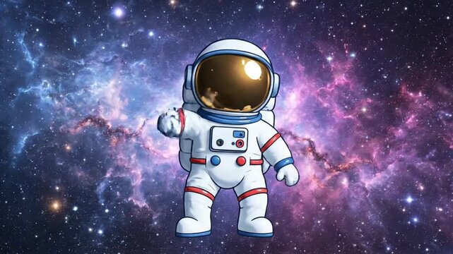 Astronaut dancing in zero gravity amidst vibrant cosmic clouds and stars