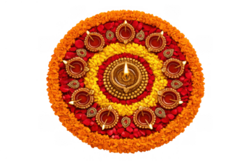 Rangoli pattern created from marigold petals and rose petals, featuring traditional glowing clay diya and oil lamps