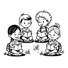 children reading book. kids studying with a book. Vector illustration