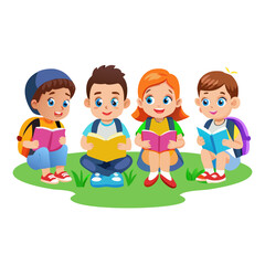 children reading book. kids studying with a book. Vector illustration