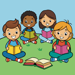 children reading book. kids studying with a book. Vector illustration