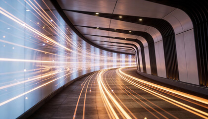 Curved futuristic corridor with golden light trails long exposure motion blur technology data stream speed concept modern tunnel interior with dynamic perspective