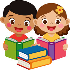 children reading book. kids studying with a book. Vector illustration