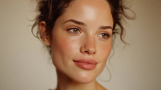 Young woman with natural makeup and clean skin looking directly at camera.