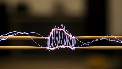 Abstract purple light painting representing sound waves oscillating between two wooden chopsticks